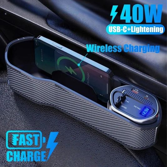 Wireless Charging Car Seat Gap Organizer with 40W USB-C/Lightning Fast Charge Cable